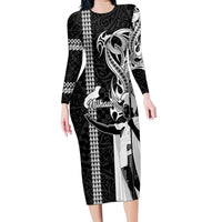 Hawaii Niihau Island Family Matching Long Sleeve Bodycon Dress and Hawaiian Shirt Hawaiian King and Kakau Symbols Abstract Shoulder Tattoo LT03 Mom's Dress Black - Polynesian Pride