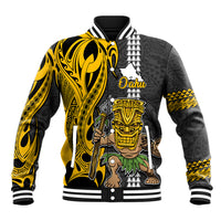 Hawaii Oahu Island Baseball Jacket Hawaiian Warrior and Kakau Symbols Abstract Tattoo LT03 Unisex Yellow - Polynesian Pride