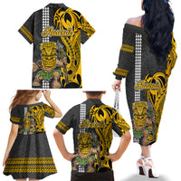 Hawaii Oahu Island Family Matching Off Shoulder Long Sleeve Dress and Hawaiian Shirt Hawaiian Warrior and Kakau Symbols Abstract Tattoo LT03 - Polynesian Pride