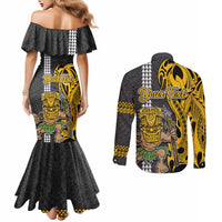 Custom Hawaii Oahu Island Couples Matching Mermaid Dress and Long Sleeve Button Shirts Hawaiian Warrior and Kakau Symbols Abstract Tattoo LT03 - Polynesian Pride