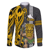 Custom Hawaii Oahu Island Family Matching Long Sleeve Bodycon Dress and Hawaiian Shirt Hawaiian Warrior and Kakau Symbols Abstract Tattoo LT03 Dad's Shirt - Long Sleeve Yellow - Polynesian Pride