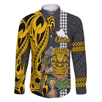 Custom Hawaii Oahu Island Family Matching Puletasi Dress and Hawaiian Shirt Hawaiian Warrior and Kakau Symbols Abstract Tattoo LT03 Dad's Shirt - Long Sleeve Yellow - Polynesian Pride