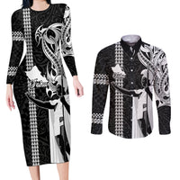 Hawaii Oahu Island Couples Matching Long Sleeve Bodycon Dress and Long Sleeve Button Shirts Hawaiian King and Kakau Symbols Abstract Shoulder Tattoo LT03 Black - Polynesian Pride