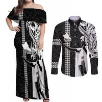 Hawaii Oahu Island Couples Matching Off Shoulder Maxi Dress and Long Sleeve Button Shirts Hawaiian King and Kakau Symbols Abstract Shoulder Tattoo LT03 Black - Polynesian Pride