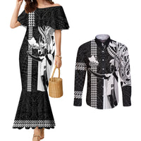 Custom Hawaii Oahu Island Couples Matching Mermaid Dress and Long Sleeve Button Shirts Hawaiian King and Kakau Symbols Abstract Shoulder Tattoo LT03 Black - Polynesian Pride