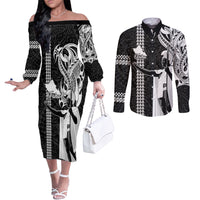 Custom Hawaii Oahu Island Couples Matching Off The Shoulder Long Sleeve Dress and Long Sleeve Button Shirts Hawaiian King and Kakau Symbols Abstract Shoulder Tattoo LT03 Black - Polynesian Pride