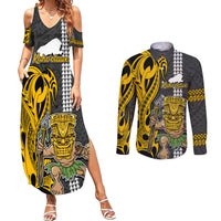 Hawaii Kahoolawe Island Couples Matching Summer Maxi Dress and Long Sleeve Button Shirts Hawaiian Warrior and Kakau Symbols Abstract Tattoo LT03 Yellow - Polynesian Pride