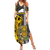 Hawaii Kahoolawe Island Summer Maxi Dress Hawaiian Warrior and Kakau Symbols Abstract Tattoo LT03 Women Yellow - Polynesian Pride