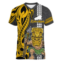 Hawaii Kahoolawe Island Women V Neck T Shirt Hawaiian Warrior and Kakau Symbols Abstract Tattoo LT03 Female Yellow - Polynesian Pride