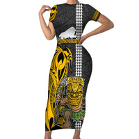 Custom Hawaii Kahoolawe Island Family Matching Short Sleeve Bodycon Dress and Hawaiian Shirt Hawaiian Warrior and Kakau Symbols Abstract Tattoo LT03 Mom's Dress Yellow - Polynesian Pride