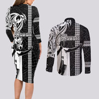 Hawaii Kahoolawe Island Couples Matching Long Sleeve Bodycon Dress and Long Sleeve Button Shirts Hawaiian King and Kakau Symbols Abstract Shoulder Tattoo LT03 - Polynesian Pride