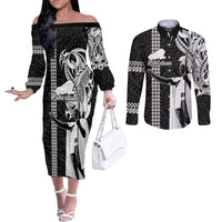 Hawaii Kahoolawe Island Couples Matching Off The Shoulder Long Sleeve Dress and Long Sleeve Button Shirts Hawaiian King and Kakau Symbols Abstract Shoulder Tattoo LT03 Black - Polynesian Pride