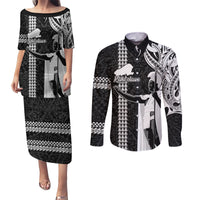 Hawaii Kahoolawe Island Couples Matching Puletasi Dress and Long Sleeve Button Shirts Hawaiian King and Kakau Symbols Abstract Shoulder Tattoo LT03 Black - Polynesian Pride