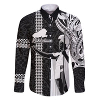 Hawaii Kahoolawe Island Family Matching Off Shoulder Maxi Dress and Hawaiian Shirt Hawaiian King and Kakau Symbols Abstract Shoulder Tattoo LT03 Dad's Shirt - Long Sleeve Black - Polynesian Pride