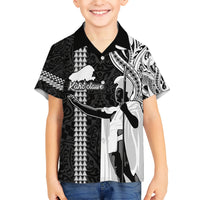 Hawaii Kahoolawe Island Kid Hawaiian Shirt Hawaiian King and Kakau Symbols Abstract Shoulder Tattoo LT03 Kid Black - Polynesian Pride