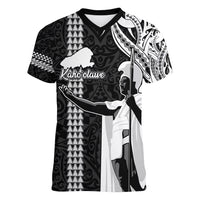 Hawaii Kahoolawe Island Women V Neck T Shirt Hawaiian King and Kakau Symbols Abstract Shoulder Tattoo LT03 Female Black - Polynesian Pride