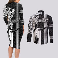 Custom Hawaii Kahoolawe Island Couples Matching Long Sleeve Bodycon Dress and Long Sleeve Button Shirts Hawaiian King and Kakau Symbols Abstract Shoulder Tattoo LT03 - Polynesian Pride