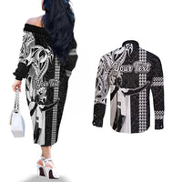 Custom Hawaii Kahoolawe Island Couples Matching Off The Shoulder Long Sleeve Dress and Long Sleeve Button Shirts Hawaiian King and Kakau Symbols Abstract Shoulder Tattoo LT03 - Polynesian Pride