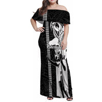 Custom Hawaii Kahoolawe Island Family Matching Off Shoulder Maxi Dress and Hawaiian Shirt Hawaiian King and Kakau Symbols Abstract Shoulder Tattoo LT03 Mom's Dress Black - Polynesian Pride