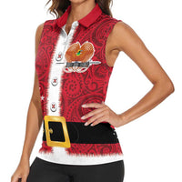 Papua New Guinea Merry Christmas Women Sleeveless Polo Shirt Santa Suit Style With Melanesian Pattern