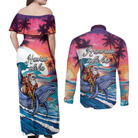 Hawaiian Mele Kalikimaka Couples Matching Off Shoulder Maxi Dress and Long Sleeve Button Shirt Santa Claus Driving The Whale with Sunset Ocean Landscape