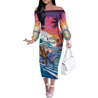 Hawaiian Mele Kalikimaka Family Matching Off The Shoulder Long Sleeve Dress and Hawaiian Shirt Santa Claus Driving The Whale with Sunset Ocean Landscape