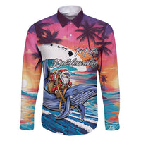 Hawaiian Mele Kalikimaka Family Matching Puletasi and Hawaiian Shirt Santa Claus Driving The Whale with Sunset Ocean Landscape