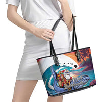 Hawaiian Mele Kalikimaka Leather Tote Bag Santa Claus Driving The Whale with Sunset Ocean Landscape