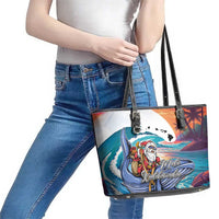 Hawaiian Mele Kalikimaka Leather Tote Bag Santa Claus Driving The Whale with Sunset Ocean Landscape