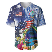 Guam and United States Together Baseball Jersey Bald Eagle and Guam Seal with Flower and Tribal Tattoos - Polynesian Pride