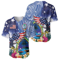 Guam and United States Together Baseball Jersey Bald Eagle and Guam Seal with Flower and Tribal Tattoos - Polynesian Pride