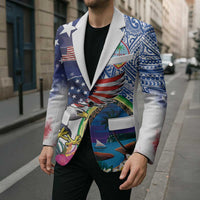 Guam and United States Together Blazer Bald Eagle and Guam Seal with Flower and Tribal Tattoos - Polynesian Pride