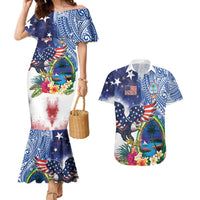 Guam and United States Together Couples Matching Mermaid Dress and Hawaiian Shirt Bald Eagle and Guam Seal with Flower and Tribal Tattoos - Polynesian Pride
