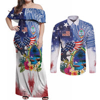 Guam and United States Together Couples Matching Off Shoulder Maxi Dress and Long Sleeve Button Shirt Bald Eagle and Guam Seal with Flower and Tribal Tattoos - Polynesian Pride