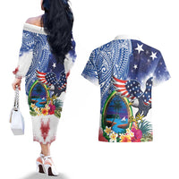 Guam and United States Together Couples Matching Off The Shoulder Long Sleeve Dress and Hawaiian Shirt Bald Eagle and Guam Seal with Flower and Tribal Tattoos - Polynesian Pride