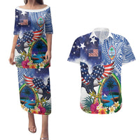 Guam and United States Together Couples Matching Puletasi and Hawaiian Shirt Bald Eagle and Guam Seal with Flower and Tribal Tattoos - Polynesian Pride