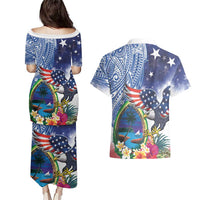 Guam and United States Together Couples Matching Puletasi and Hawaiian Shirt Bald Eagle and Guam Seal with Flower and Tribal Tattoos - Polynesian Pride