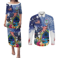 Guam and United States Together Couples Matching Puletasi and Long Sleeve Button Shirt Bald Eagle and Guam Seal with Flower and Tribal Tattoos - Polynesian Pride