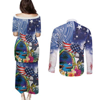 Guam and United States Together Couples Matching Puletasi and Long Sleeve Button Shirt Bald Eagle and Guam Seal with Flower and Tribal Tattoos - Polynesian Pride
