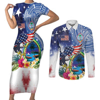 Guam and United States Together Couples Matching Short Sleeve Bodycon Dress and Long Sleeve Button Shirt Bald Eagle and Guam Seal with Flower and Tribal Tattoos - Polynesian Pride