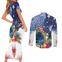 Guam and United States Together Couples Matching Short Sleeve Bodycon Dress and Long Sleeve Button Shirt Bald Eagle and Guam Seal with Flower and Tribal Tattoos - Polynesian Pride