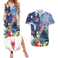 Guam and United States Together Couples Matching Summer Maxi Dress and Hawaiian Shirt Bald Eagle and Guam Seal with Flower and Tribal Tattoos - Polynesian Pride