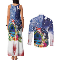 Guam and United States Together Couples Matching Tank Maxi Dress and Long Sleeve Button Shirt Bald Eagle and Guam Seal with Flower and Tribal Tattoos - Polynesian Pride