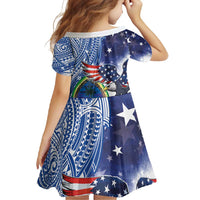 Guam and United States Together Family Matching Long Sleeve Bodycon Dress and Hawaiian Shirt Bald Eagle and Guam Seal with Flower and Tribal Tattoos - Polynesian Pride