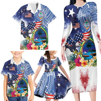Guam and United States Together Family Matching Long Sleeve Bodycon Dress and Hawaiian Shirt Bald Eagle and Guam Seal with Flower and Tribal Tattoos - Polynesian Pride
