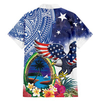Guam and United States Together Family Matching Long Sleeve Bodycon Dress and Hawaiian Shirt Bald Eagle and Guam Seal with Flower and Tribal Tattoos - Polynesian Pride
