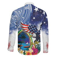 Guam and United States Together Family Matching Long Sleeve Bodycon Dress and Hawaiian Shirt Bald Eagle and Guam Seal with Flower and Tribal Tattoos - Polynesian Pride