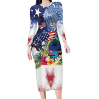Guam and United States Together Family Matching Long Sleeve Bodycon Dress and Hawaiian Shirt Bald Eagle and Guam Seal with Flower and Tribal Tattoos - Polynesian Pride