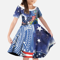 Guam and United States Together Family Matching Off The Shoulder Long Sleeve Dress and Hawaiian Shirt Bald Eagle and Guam Seal with Flower and Tribal Tattoos - Polynesian Pride