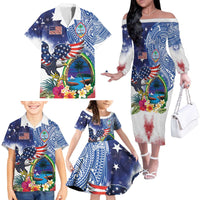 Guam and United States Together Family Matching Off The Shoulder Long Sleeve Dress and Hawaiian Shirt Bald Eagle and Guam Seal with Flower and Tribal Tattoos - Polynesian Pride